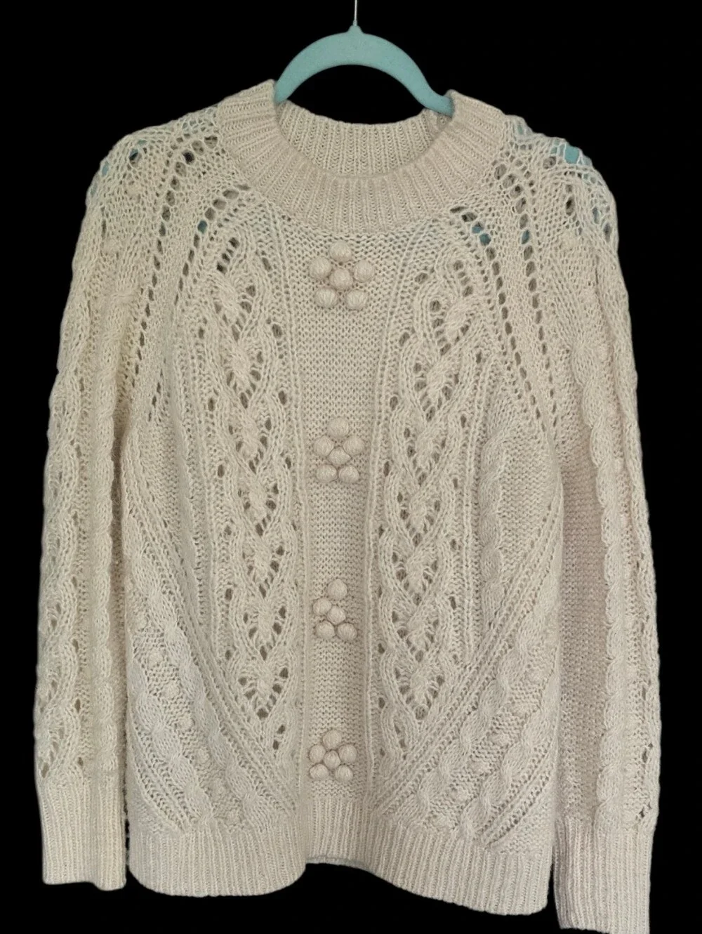 Cable Knit Crewneck Sweater with Floral Bobble Accents - Cream